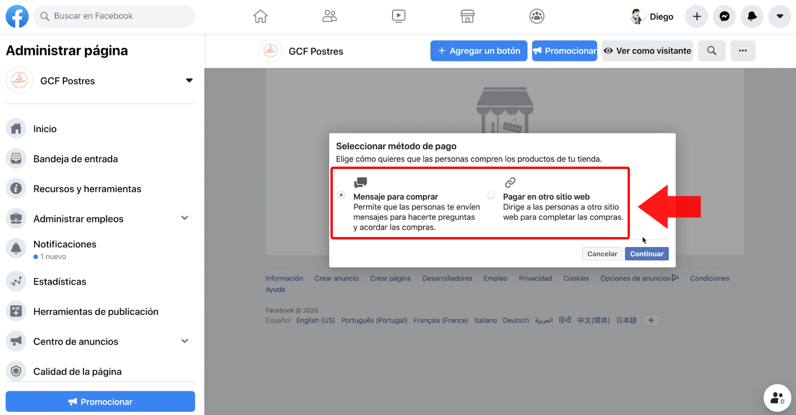 En este paso debes añadir el Método de pago con el cual recibirás el dinero de tus ventas. Tendrás dos opciones: Mensaje para comprar o Pagar en otro sitio web. Si eliges la primera opción, los usuarios podrán comunicarse a través de Facebook Messenger para fijar las condiciones de la transacción. Si optas por la segunda opción, deberás añadir el link de tu página web, si posees una, para realizar la compra dentro de tu sitio web.